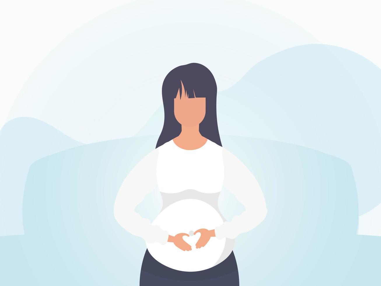 un embarazada niña sostiene su manos en su estómago. bandera en suave colores. vector. vector