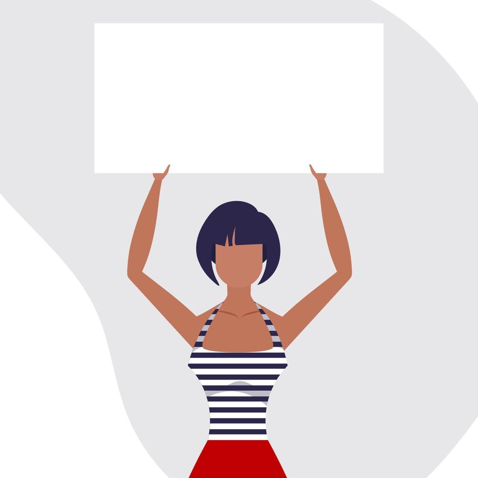 A cute girl is protesting with a banner. The concept of expressing thoughts, dissatisfaction and protests. Flat style. Vector illustration.