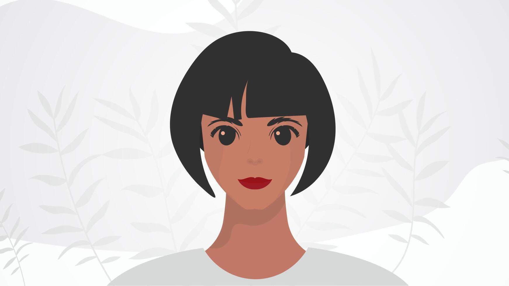 Banner with female African American appearance. Black strong girl on, front view. Vector illustration.