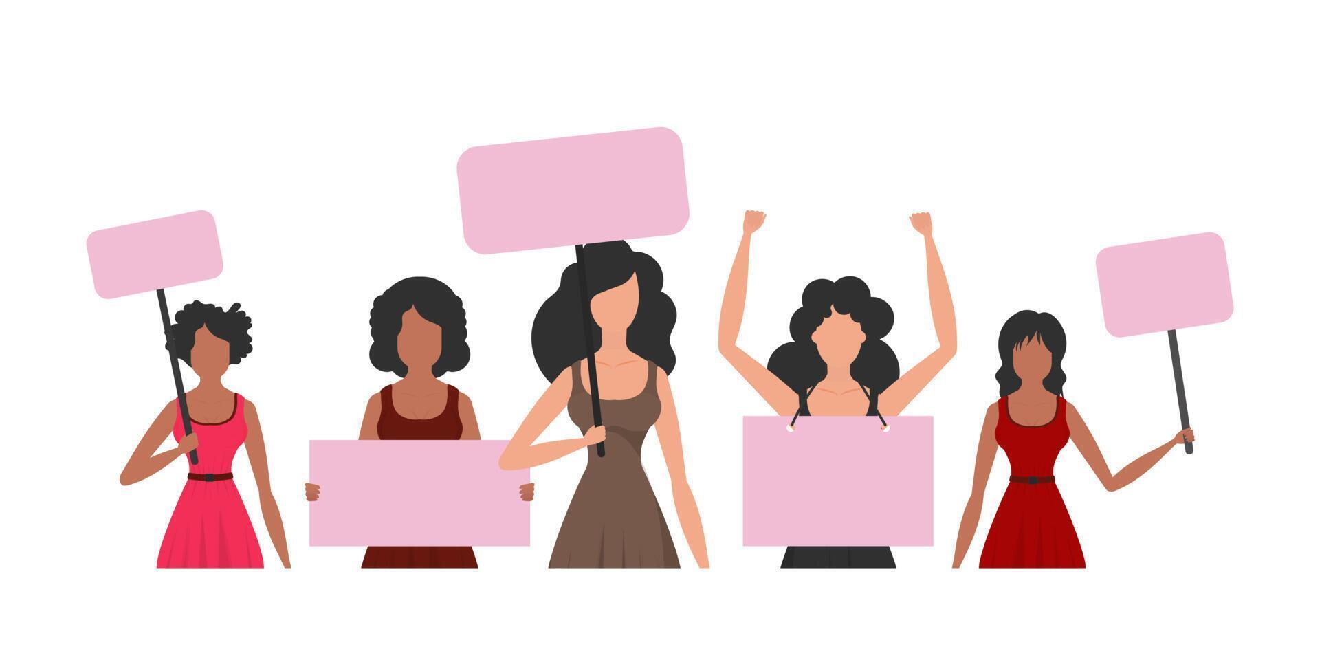 A large set of girls who came out to protest. The rebellious girl is shown to the waist. Isolated. illustration. vector