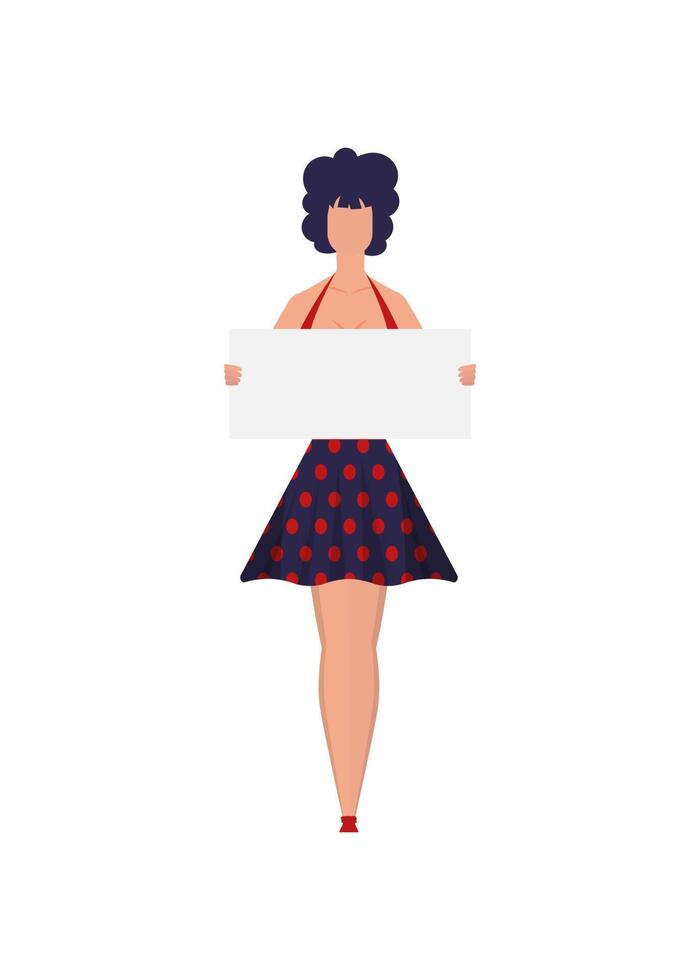 A woman in full growth with a banner in her hands. Isolated. Flat style. Vector. vector