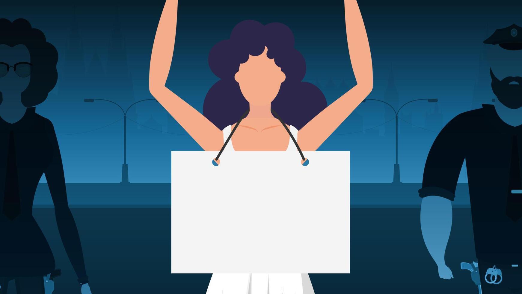 A woman protests with a banner against the backdrop of the city. The concept of expressing thoughts, dissatisfaction and protests. illustration. vector