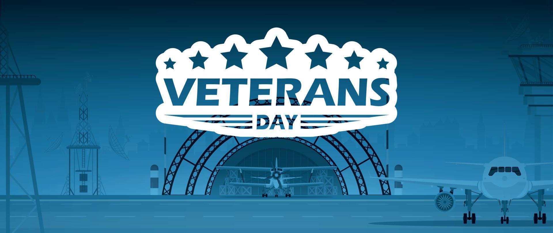 Veterans Day poster. Military airport in the background. Cartoon style. vector