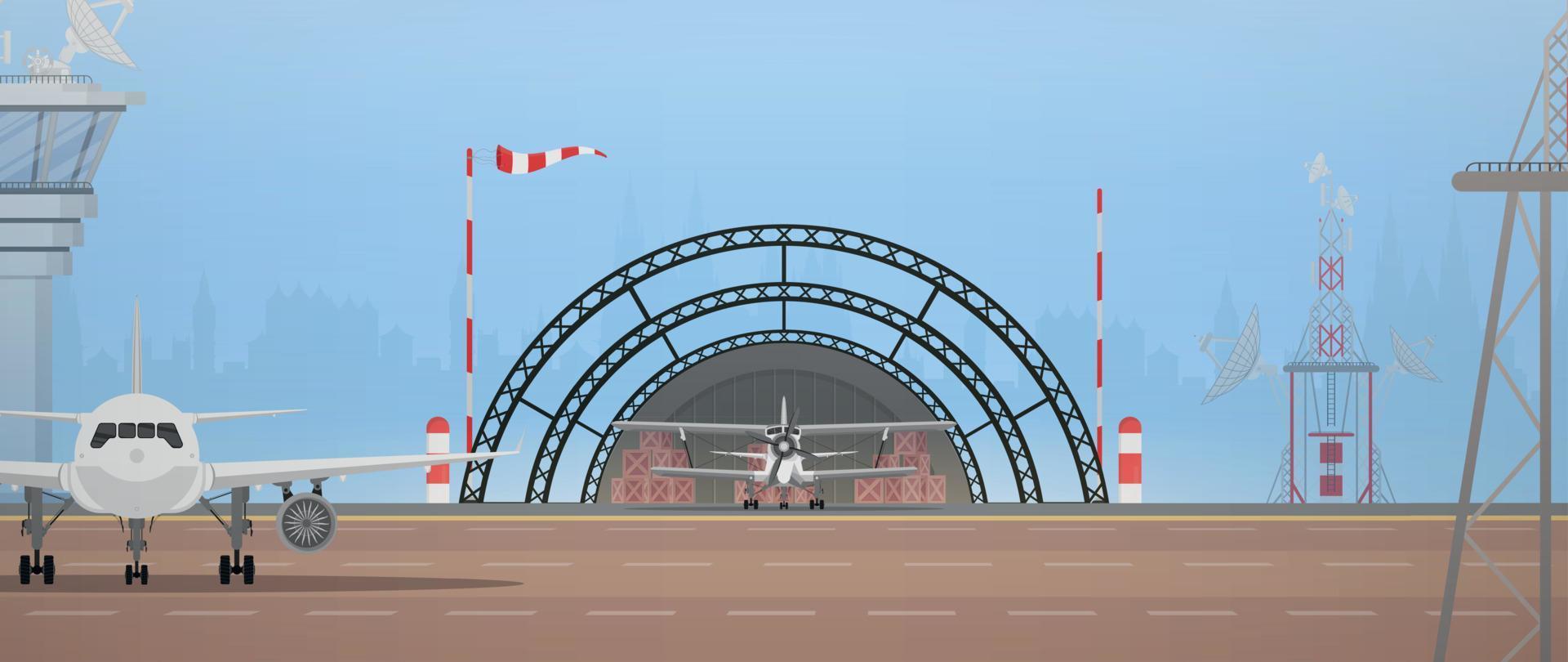 aeropuerto con militar aeronave, pista y vuelo controlar punto. dibujos animados estilo. vector