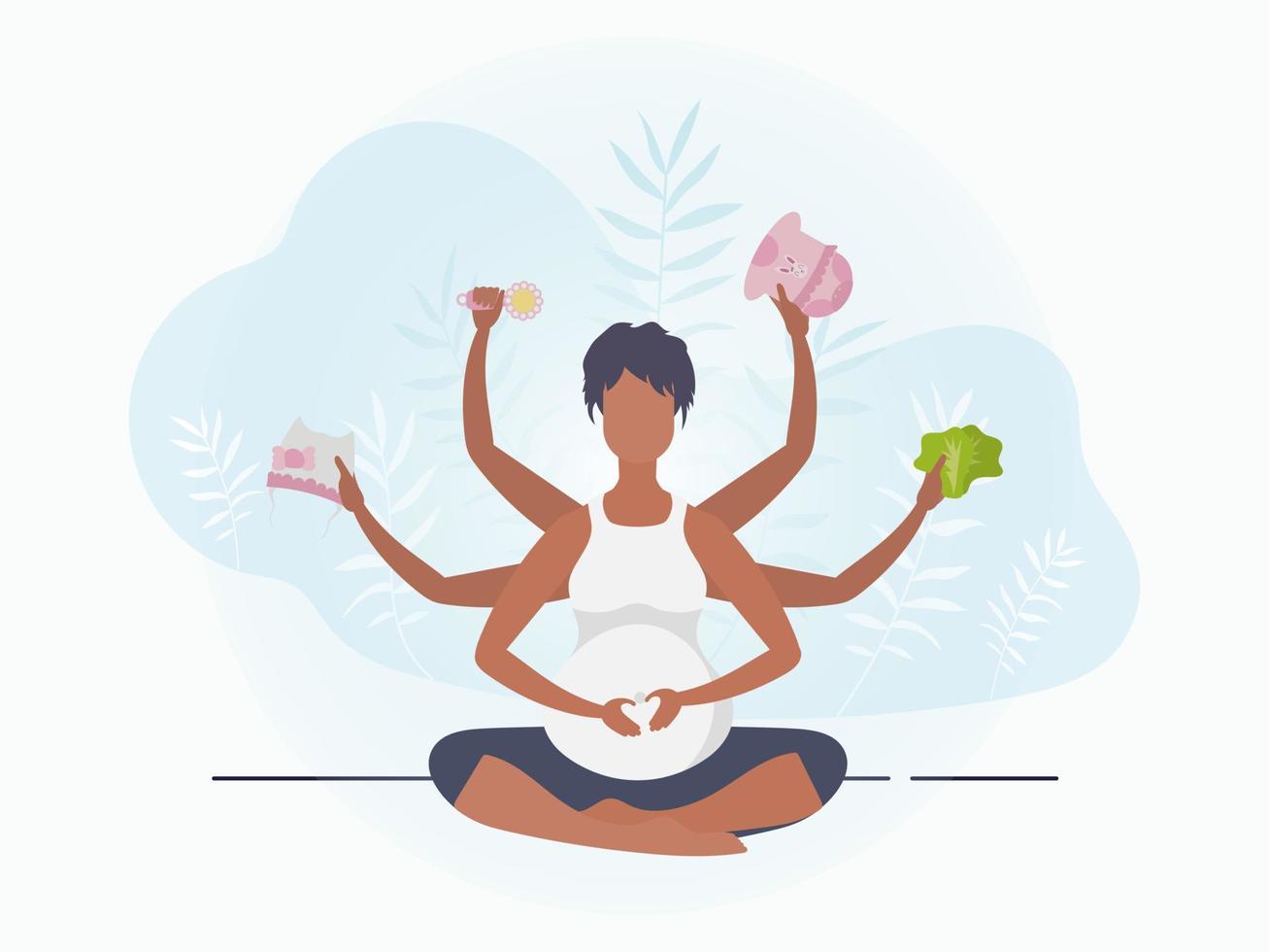 yoga para embarazada mujer. activo bien construido embarazada hembra personaje. tarjeta postal o póster en amable colores para tú. plano vector ilustración.