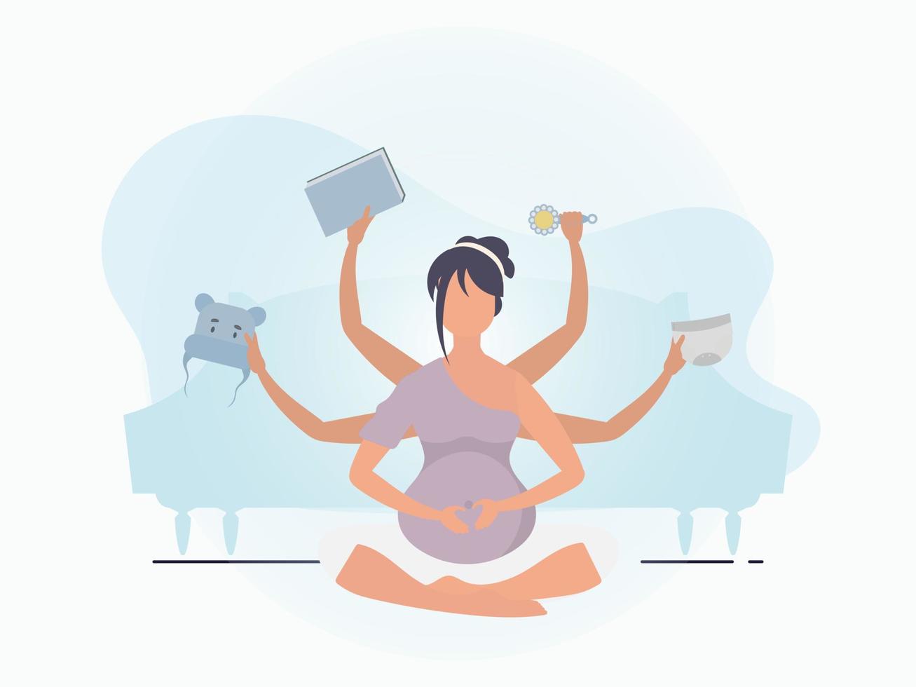 Yoga for pregnant women. Happy pregnancy. Banner in blue colors for your design. Flat vector illustration.