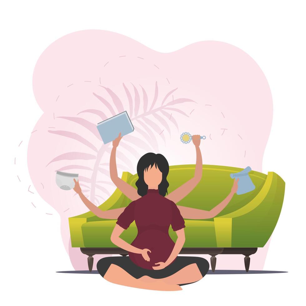 Pregnant woman in the lotus position. Yoga poses in the butterfly or lotus position. Cartoon style. vector