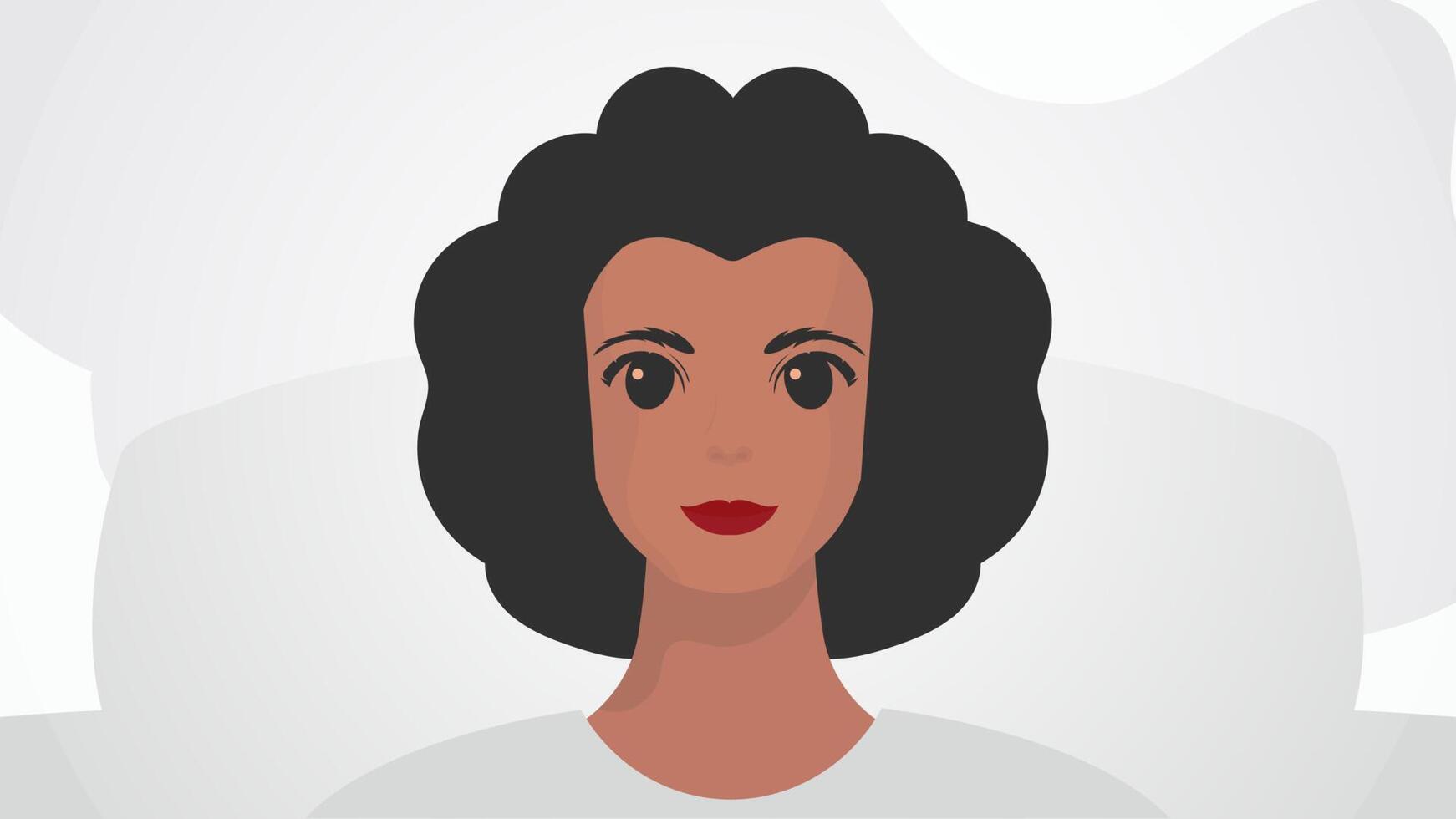 Banner with female African American appearance. Black strong girl on, front view. Cartoon style. vector
