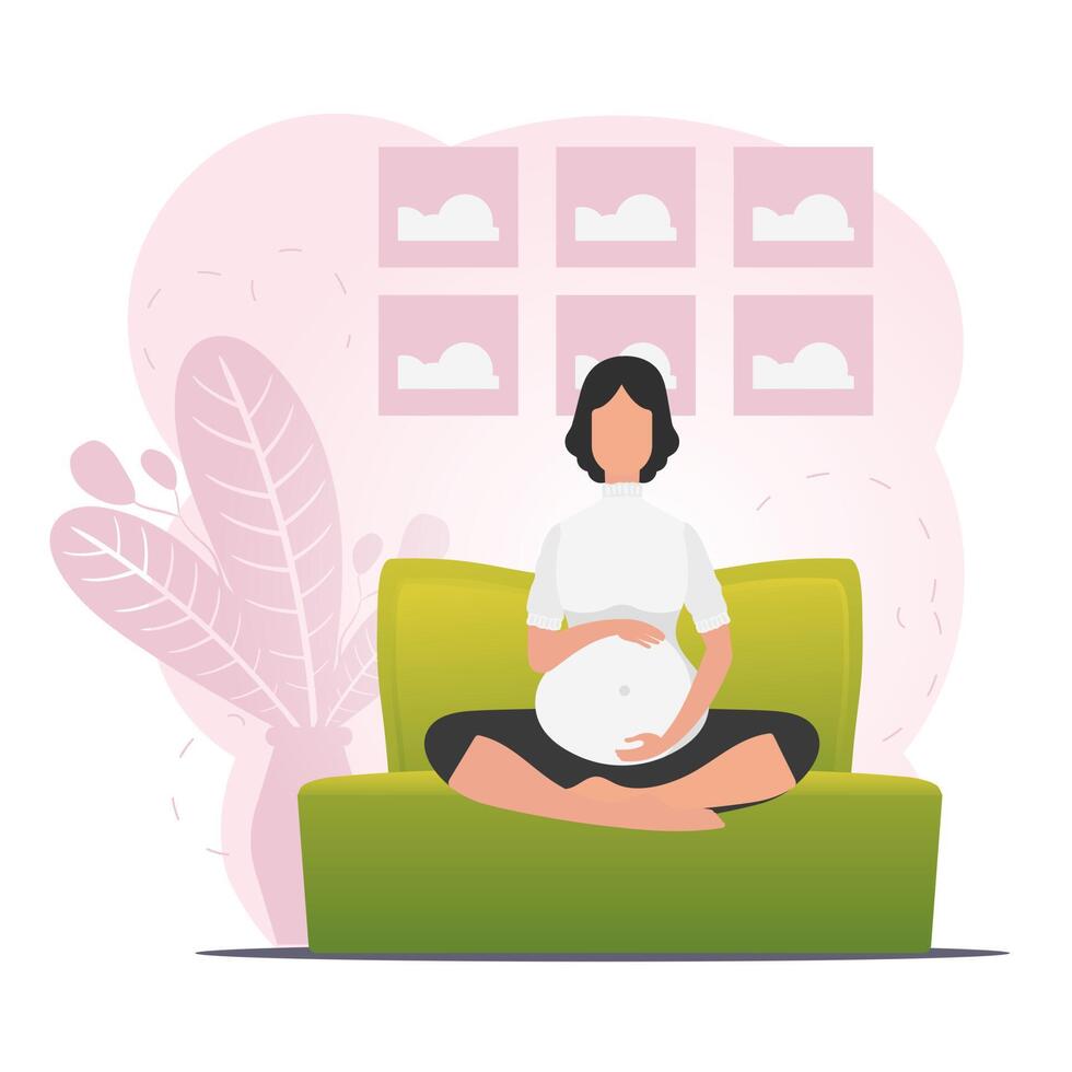 Pregnant woman in butterfly pose. Relaxing pregnant woman. Vector flat illustration.