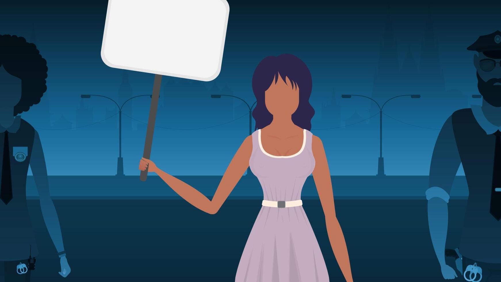 A woman protests with a banner against the backdrop of the city. The concept of expressing thoughts, dissatisfaction and protests. Vector illustration.