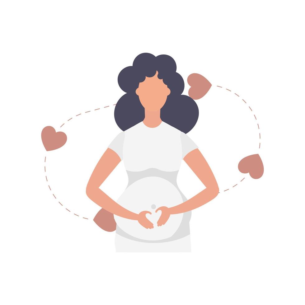 Pregnant girl lovingly holds her lower belly. Isolated on white background. Vector illustration.