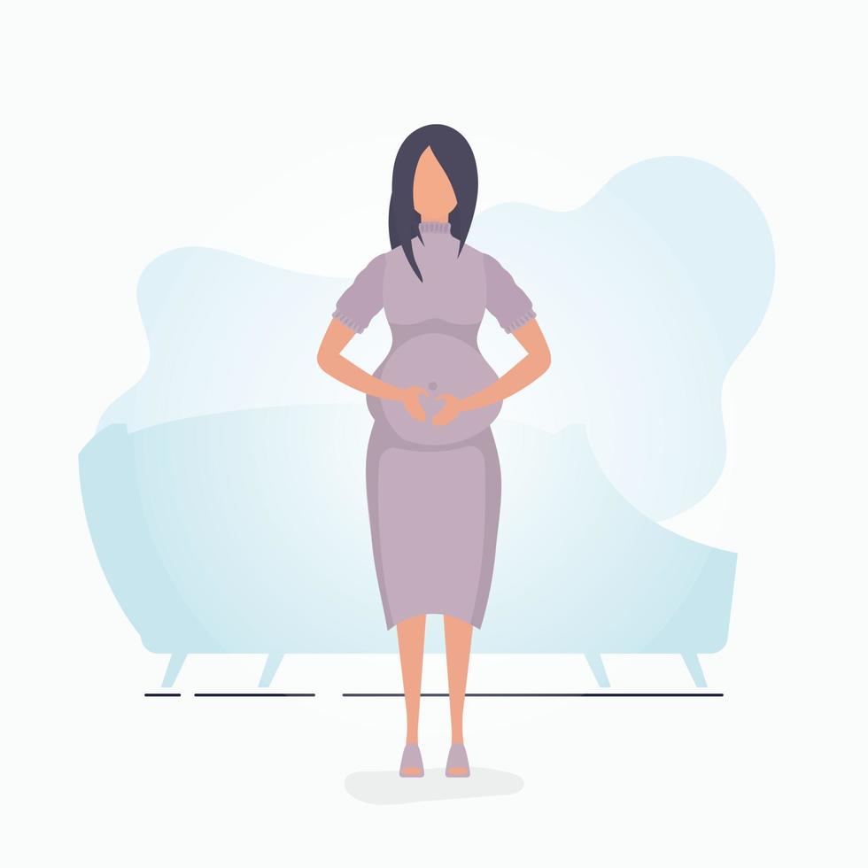 Pregnant girl in full growth. Happy pregnancy. Banner in blue tones for you. Vector illustration in cartoon style.