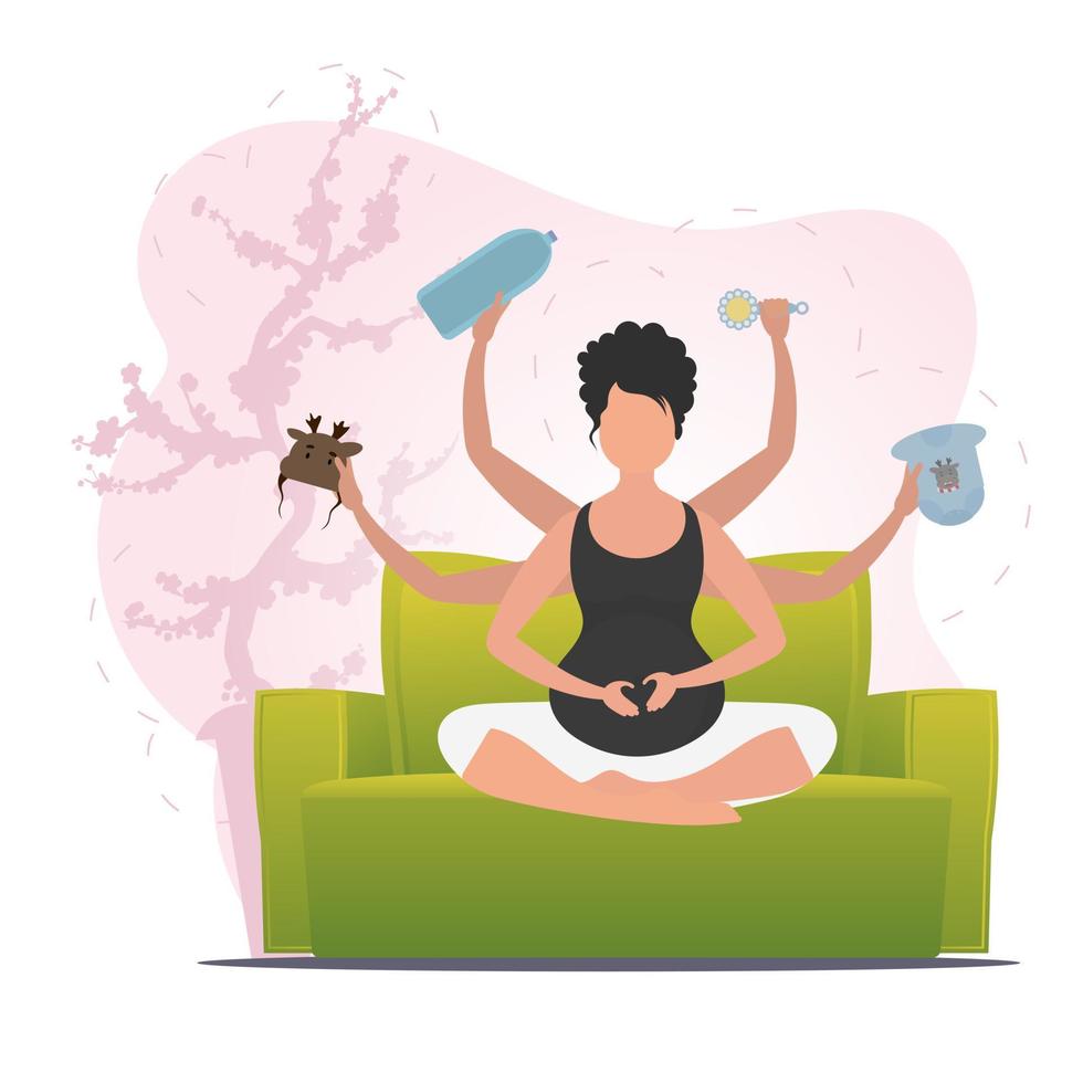 Pregnant woman in butterfly pose. Relaxing pregnant woman. Cartoon style. vector