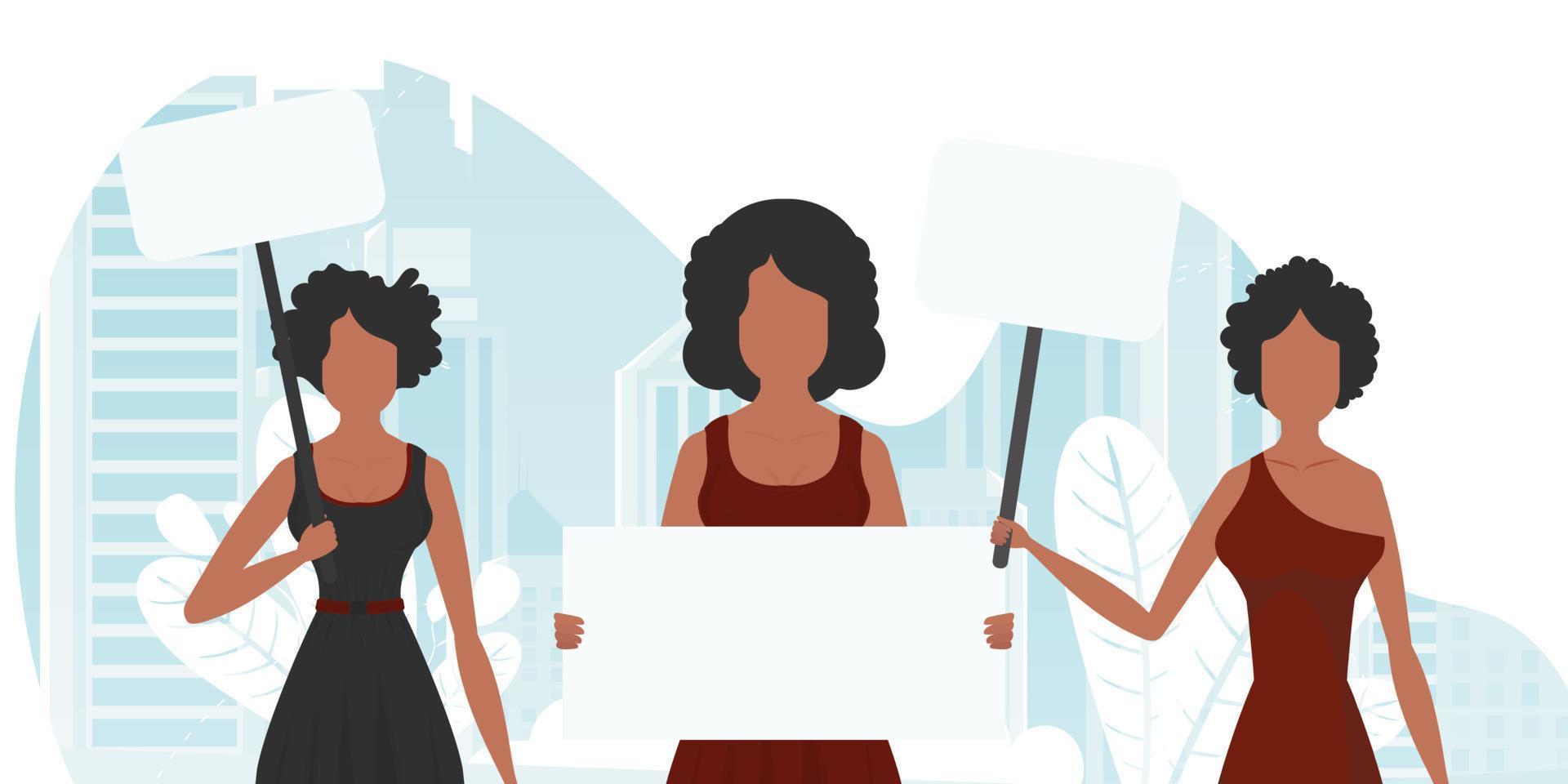 A group of girls are protesting. Banner in blue tones. Vector in cartoon style.