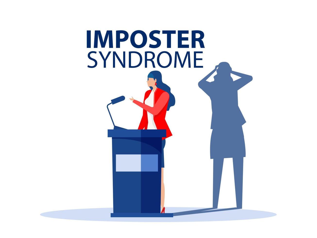 Imposter syndrome businesswoman standing for her present profile with fear shadow Back. Anxiety and lack of self confidence at work the person fakes is someone else concept vector