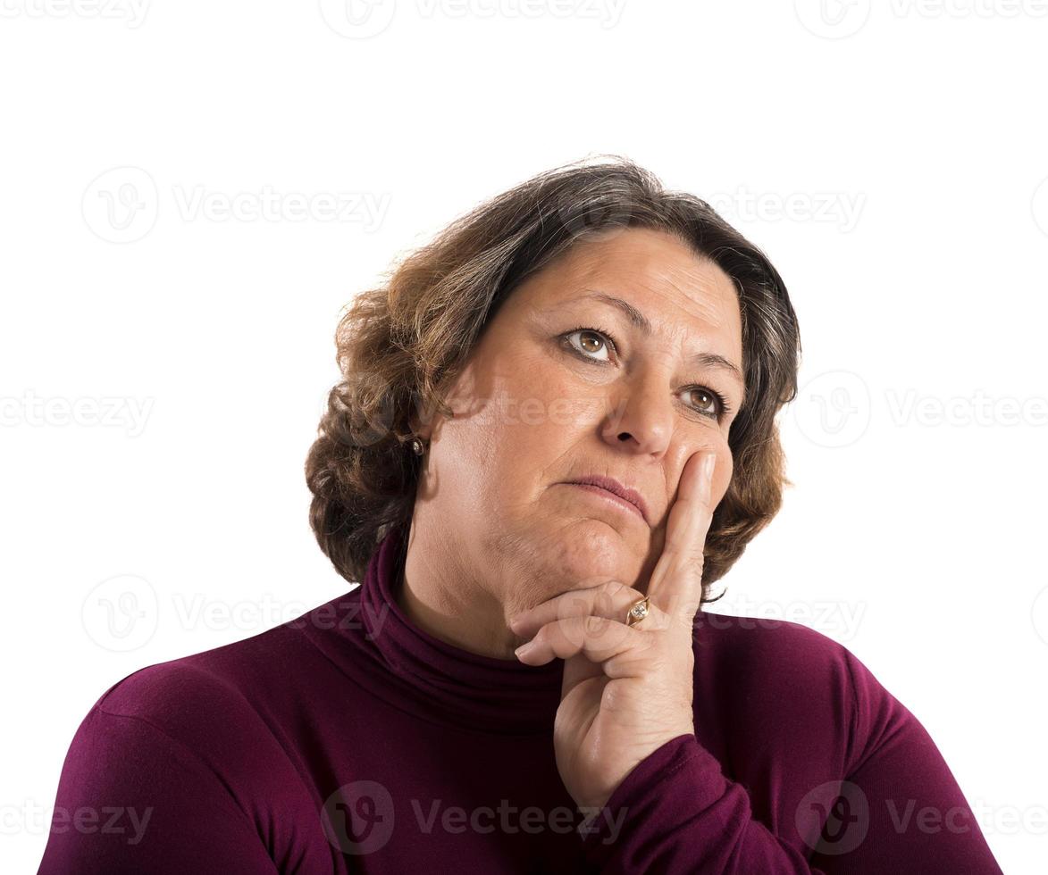 Woman thinking on white background photo