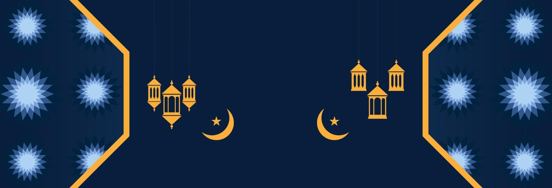 islámico antecedentes con mezquita creciente Luna y linterna. Ramadán kareem festival celebracion islámico bandera. Ramadán Mubarak religioso islámico saludos. lamparas decoración ornamental linterna incendio. vector