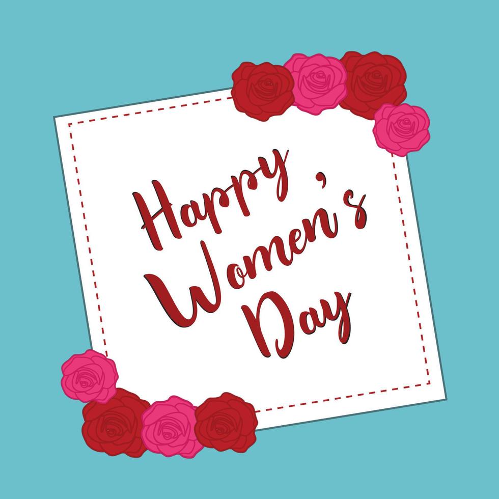 Womans Day text design with flowers and hearts on square background Vector illustration Womans Day greeting calligraphy design in pink colors Template for a poster cards banner