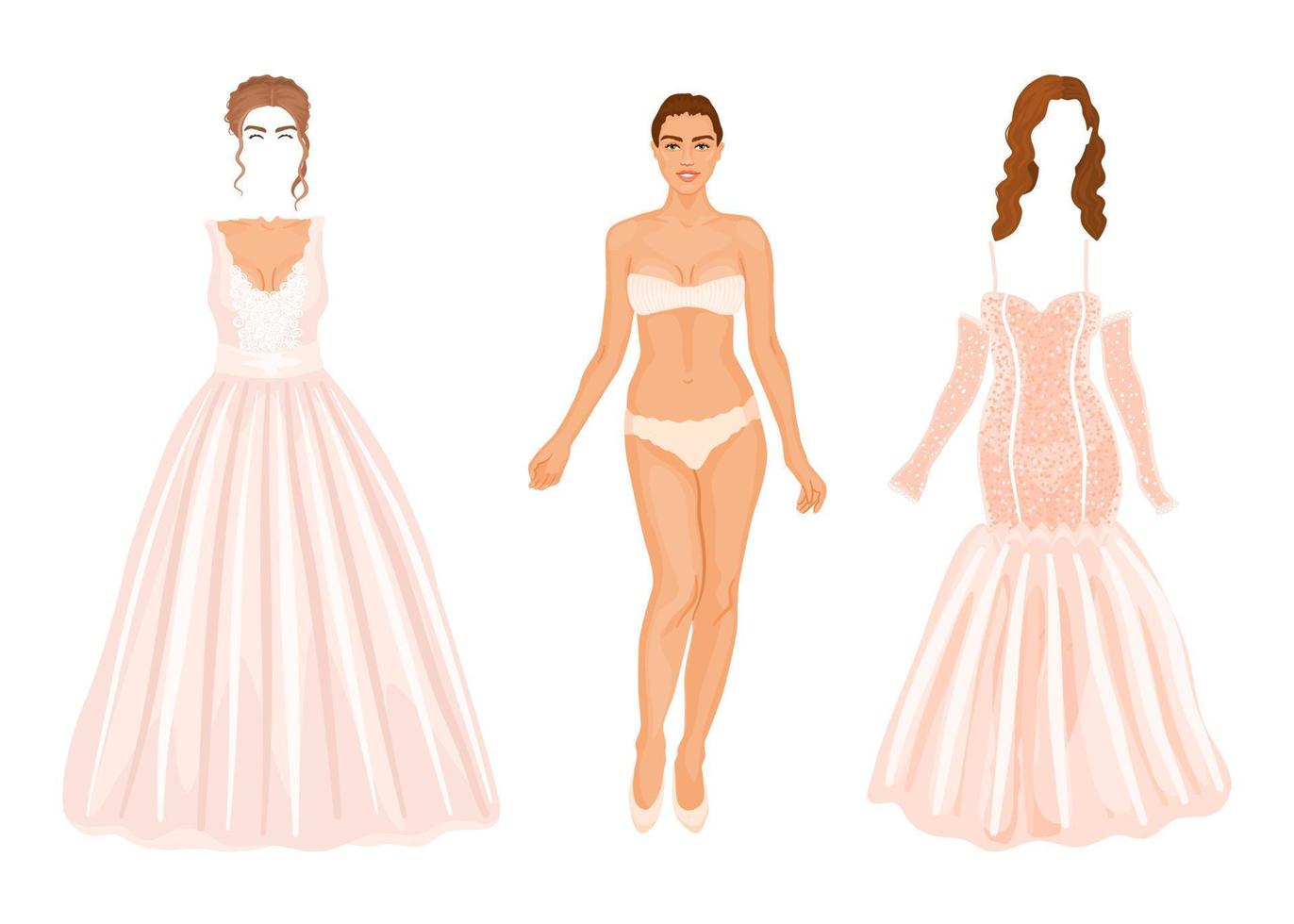 Beautiful bride character with wedding wardrobe and optional hairstyles. Paper doll with two white gowns, dress-up game. vector