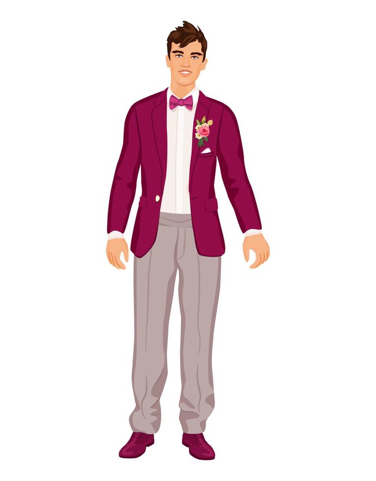 hermoso novio en elegante Boda traje. masculino personaje altura completa, aislado en blanco antecedentes. vector