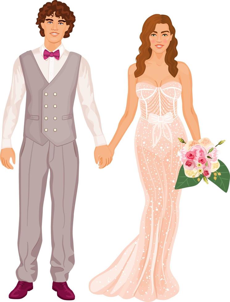 Beautiful, stylish couple in wedding costumes. Bride and groom holding hands, isolated on white background. vector