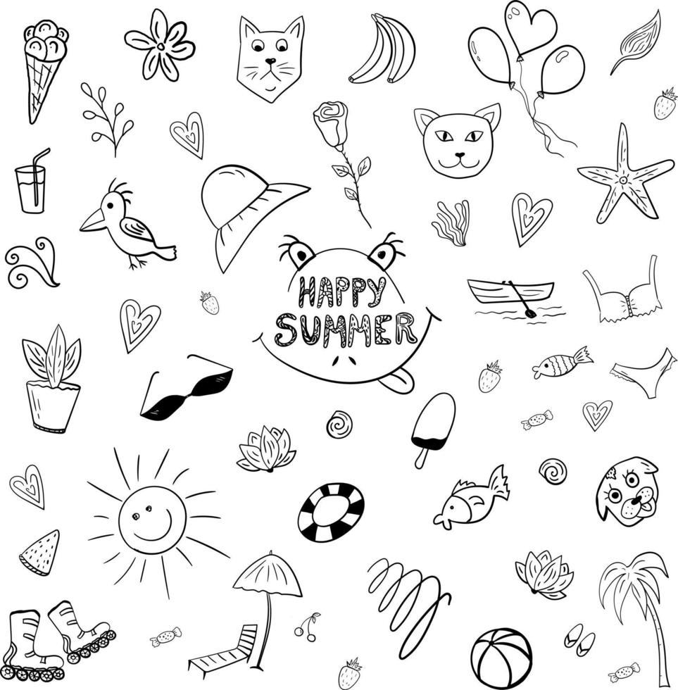 Set of icons Happy Summer , collection of vector elements , illustration on white background, hand drawn