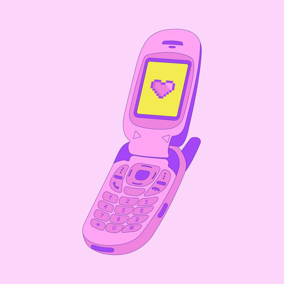 y2k antiguo móvil, célula teléfono, de moda vector ilustración, nostalgia para 90s 2000, píxel corazón