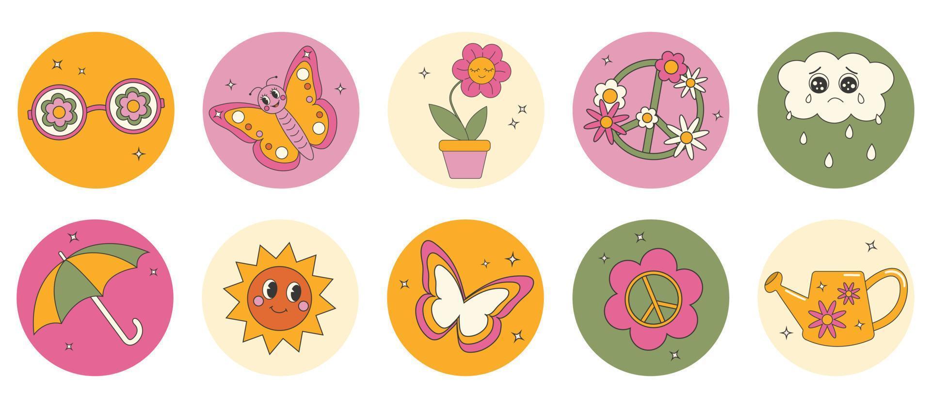 Trendy comic groovy spring sticker set. Cute and funny characters. 70s 60s aesthetics. vector