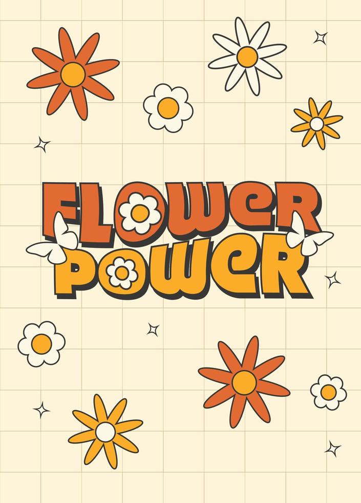 Retro y2k groovy spring poster. Funny cartoon character, flower, daisy, butterfly. Flower power vector