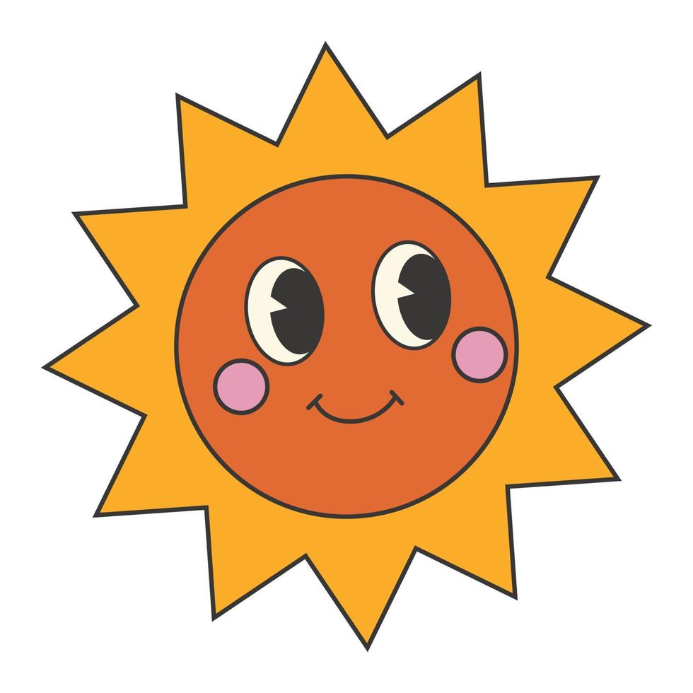 Groovy 70s sun sticker. Y2k groovy cartoon style. 70s-80s retro vibes. vector