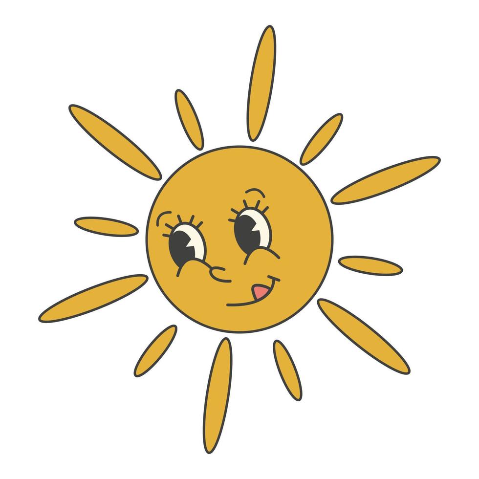 Groovy 70s summer, spring sticker. Y2k groovy cute sun character vector