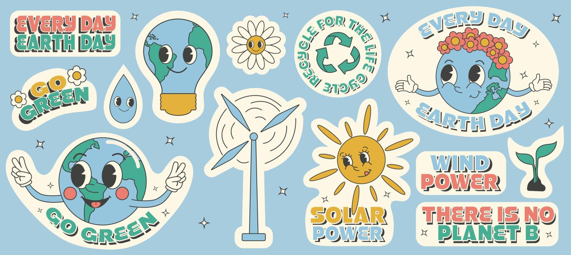 Y2k groovy earth day cartoon sticket set. Environmental protection. Save green planet and ecology concept. Slogans and phrases vector