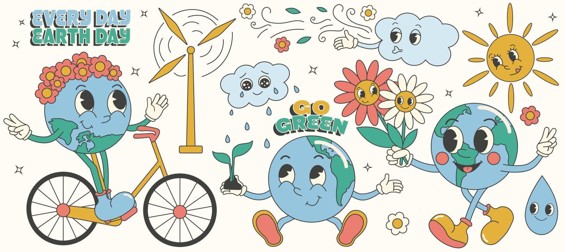 Y2k groovy earth day cartoon sticket set. Environmental protection. Save green planet and ecology concept. vector