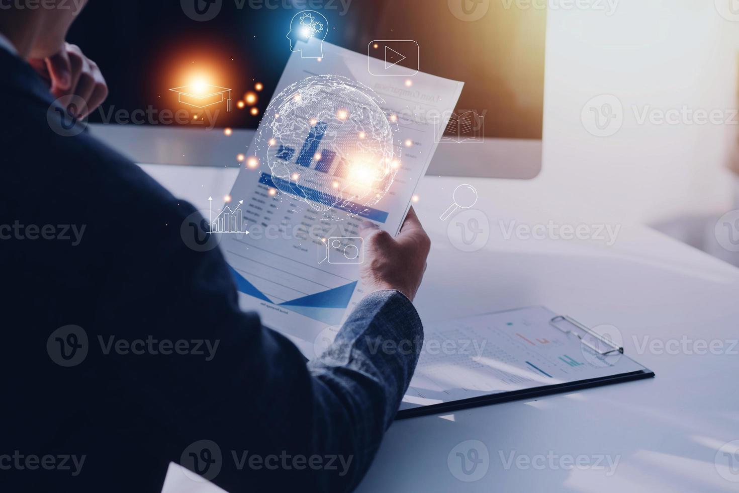 man wearing VR glasses and accessing the Technology Internet, multimedia, Storage Network connection Concept And a large database big data Through internet technology. photo