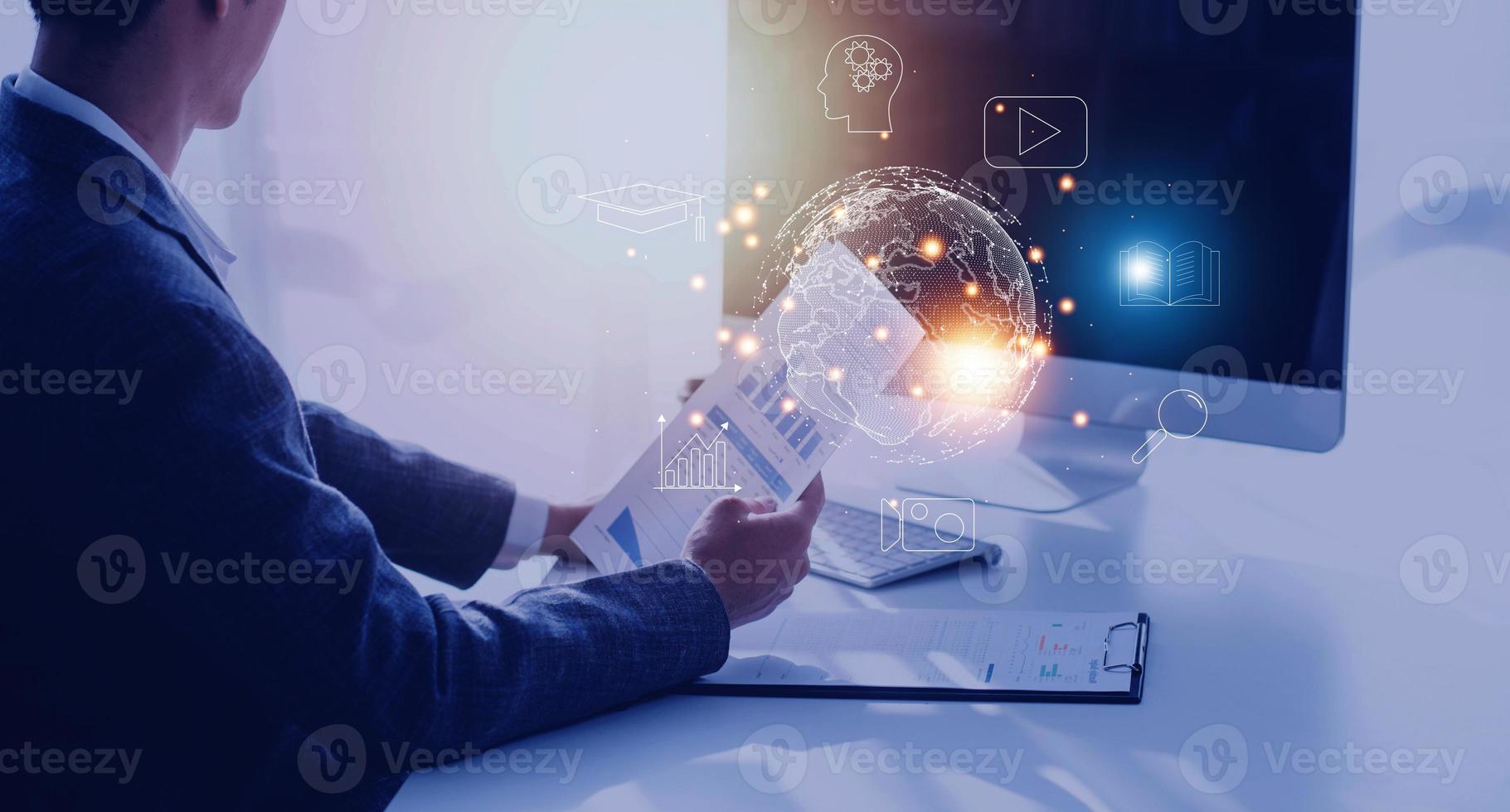 man wearing VR glasses and accessing the Technology Internet, multimedia, Storage Network connection Concept And a large database big data Through internet technology. photo