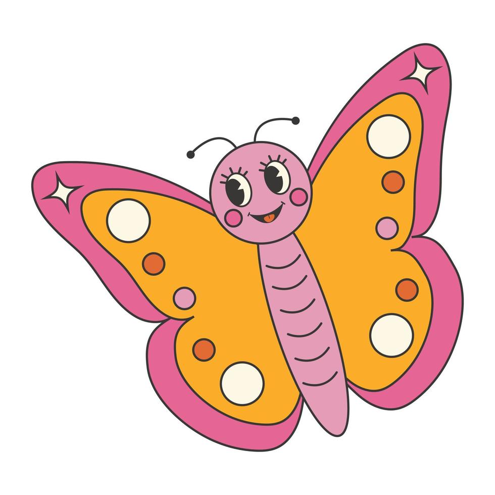 Groovy 70s sticker. Y2k groovy cute spring butterfly character vector