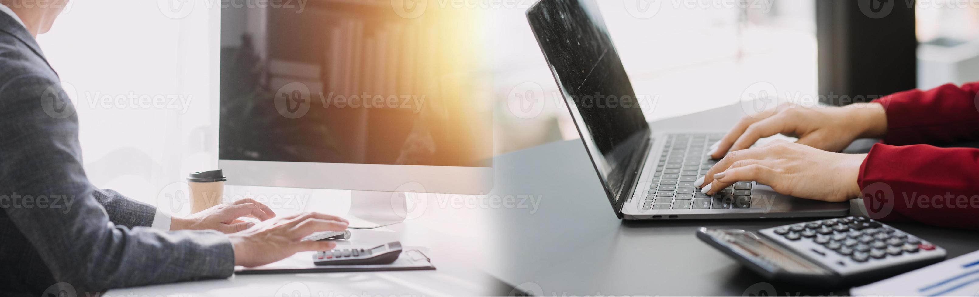 Team Of Business working at office with documents on his desk, doing planning analyzing the financial report, business plan investment, finance analysis concept photo