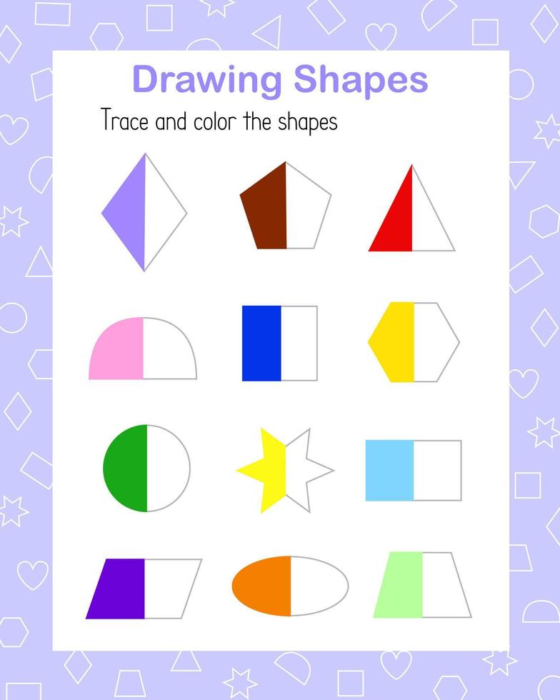 Trace, draw color geometry linear shapes handwriting practice vector illustration educational printable worksheet, drawing objects leisure activity learning concept, game for kids, teacher's resources