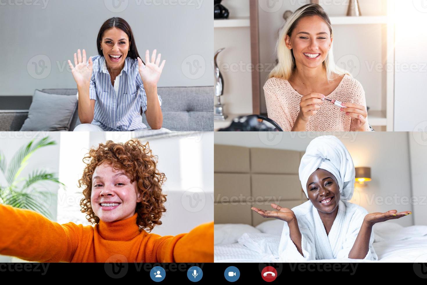 Group video call with diverse multiracial friends on online. Pc screen view six multi ethnic young people, application advertisement easy and comfortable usage concept photo