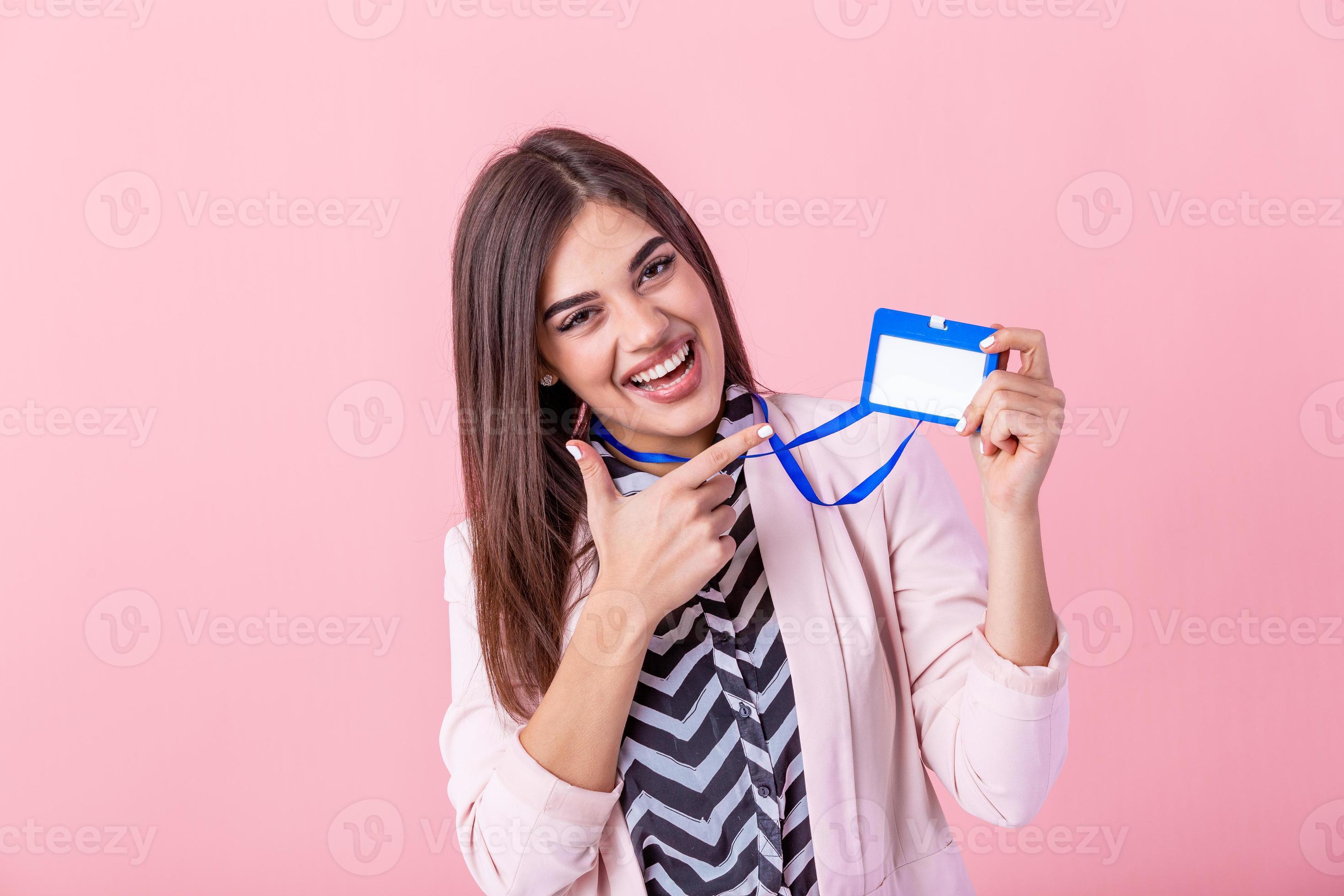 Woman wear blank vertical ID badge mockup, stand isolated. Name tag on