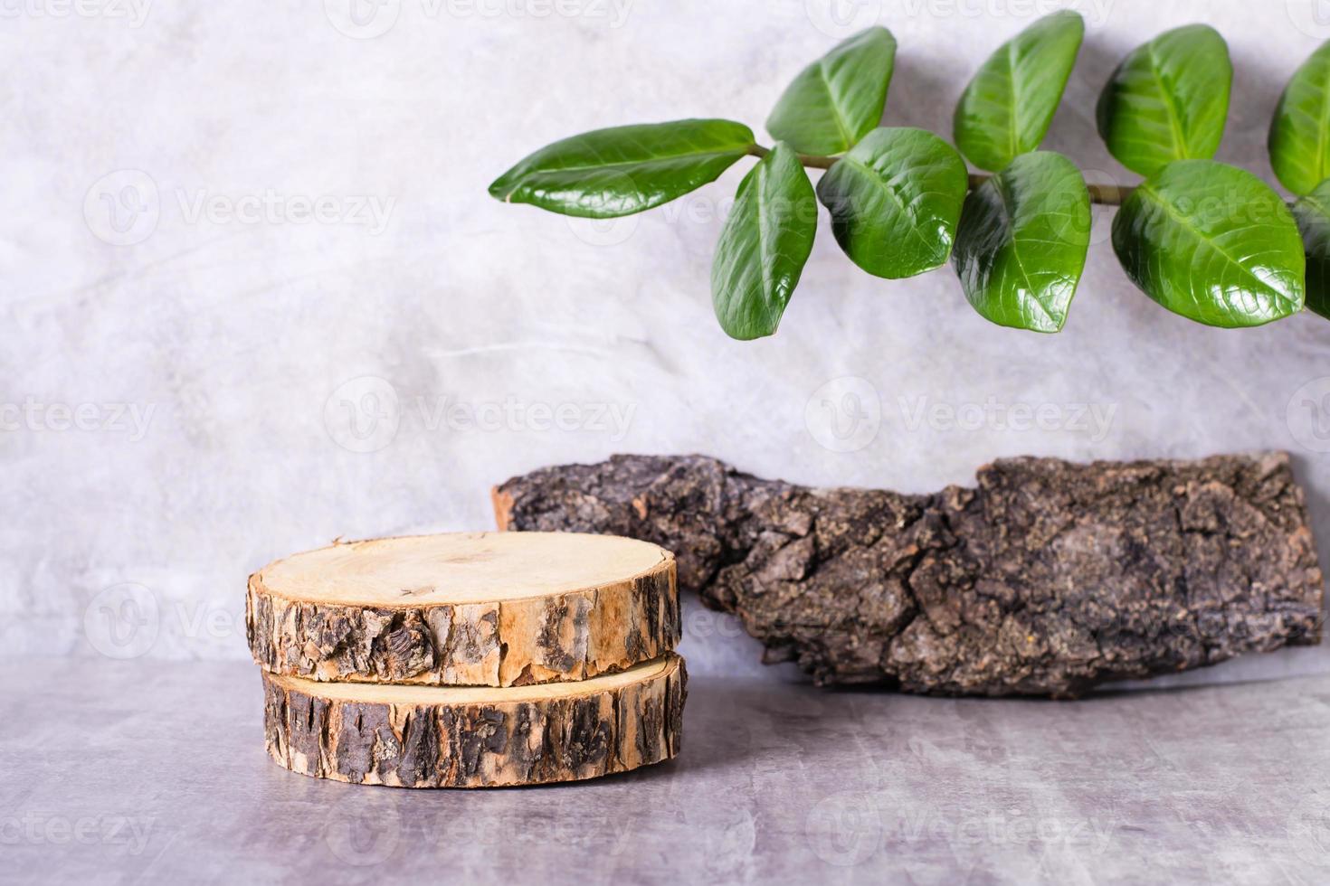 Natural mock-up of tree slices, bark and a branch with leaves on a gray background photo