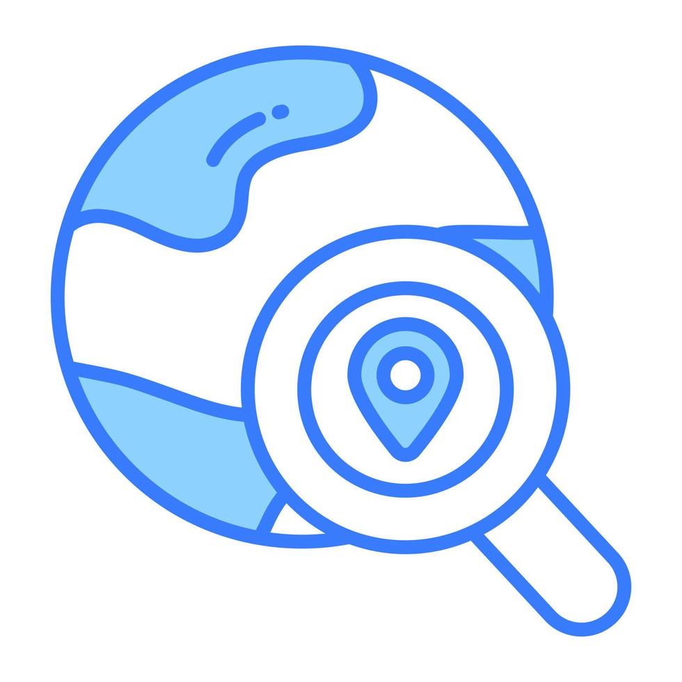 Magnifier on world globe, vector of global search in editable style