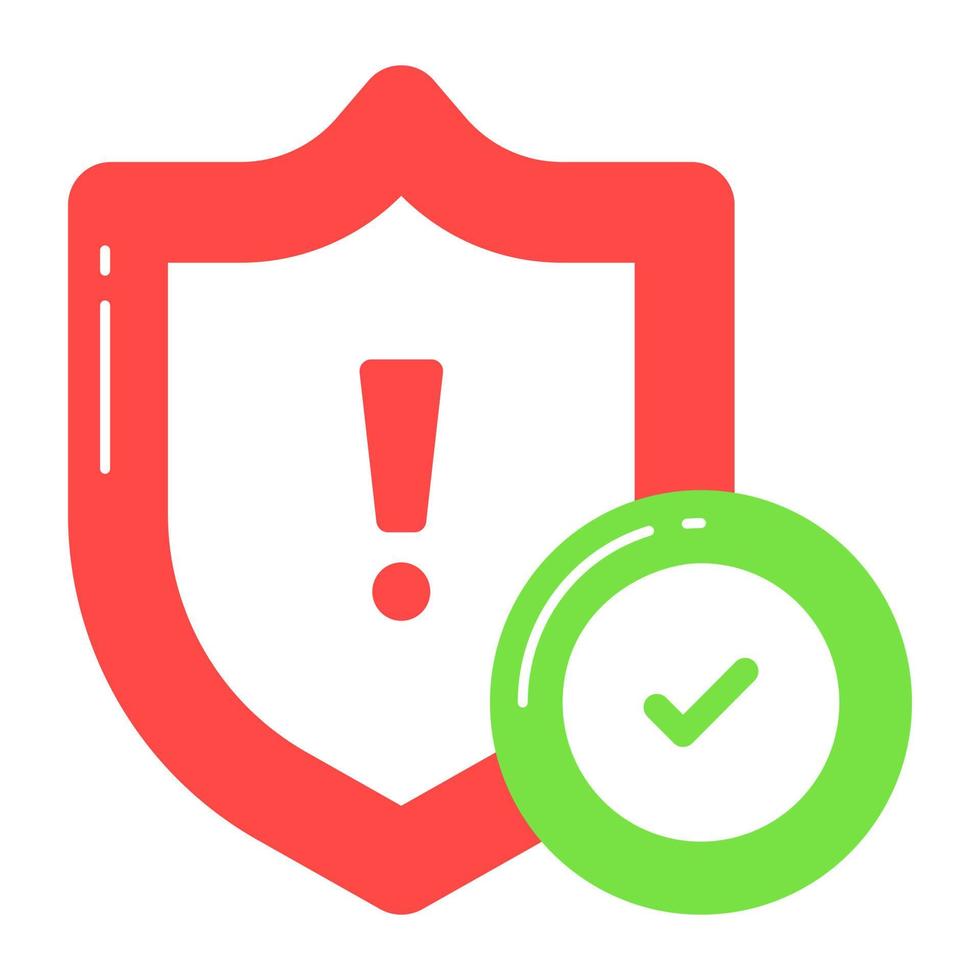 Exclamation mark on shield with tick mark showing vector of verified security