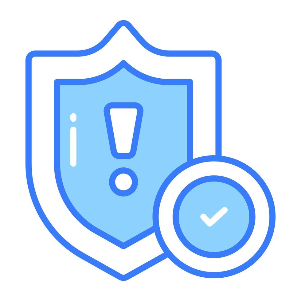 Exclamation mark on shield with tick mark showing vector of verified security