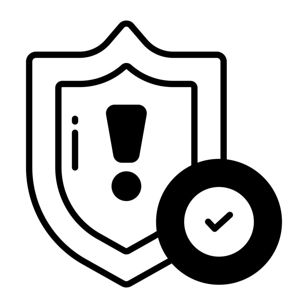 Exclamation mark on shield with tick mark showing vector of verified security