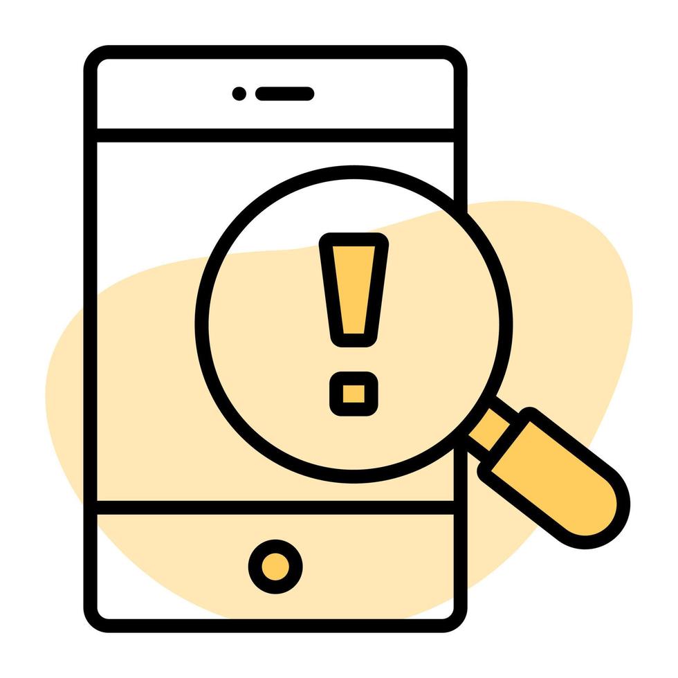 Exclamation mark on magnifier with mobile, vector of mobile notification alert