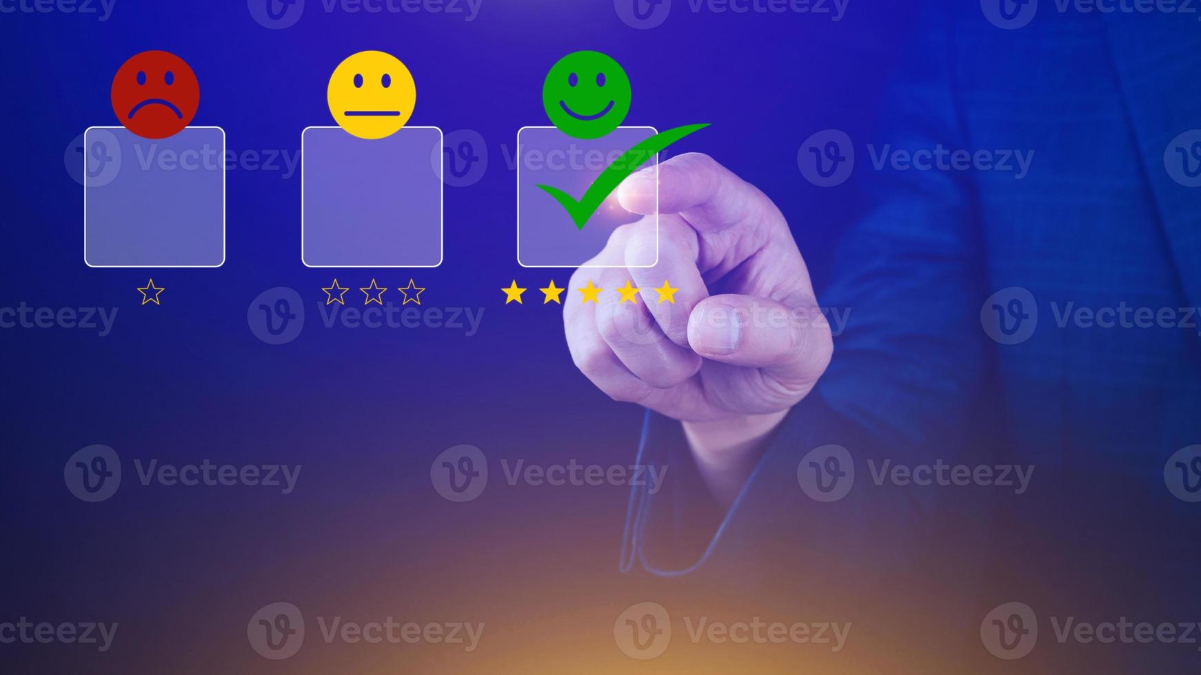 Businessman choosing happy smile face icon. feedback rating and positive customer review experience, satisfaction survey. mental health assessment. photo