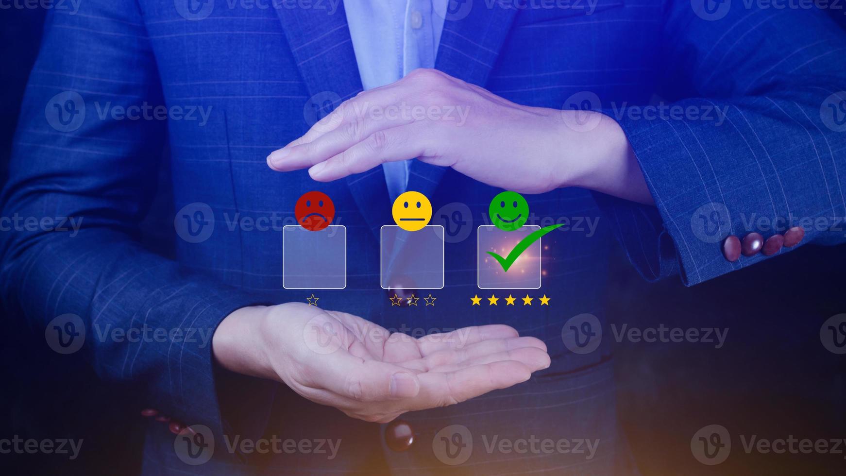 Businessman choosing happy smile face icon. feedback rating and positive customer review experience, satisfaction survey. mental health assessment. photo