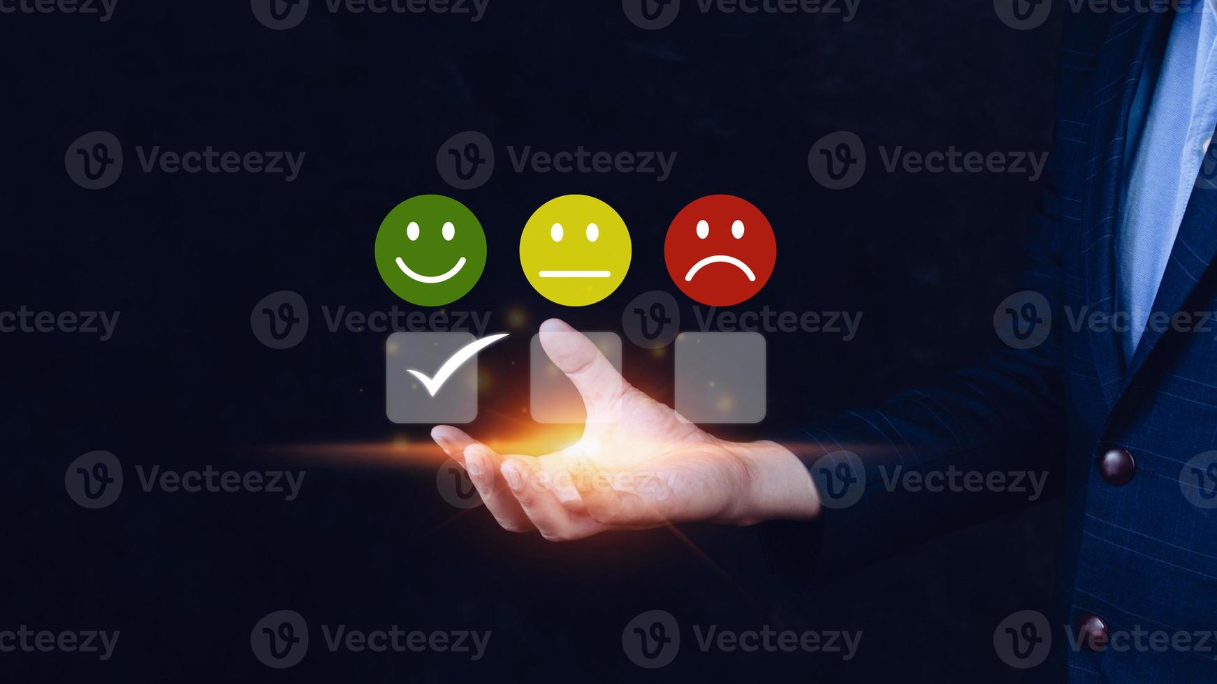 Businessman choosing happy smile face icon. feedback rating and positive customer review experience, satisfaction survey. mental health assessment. World mental health day concept photo