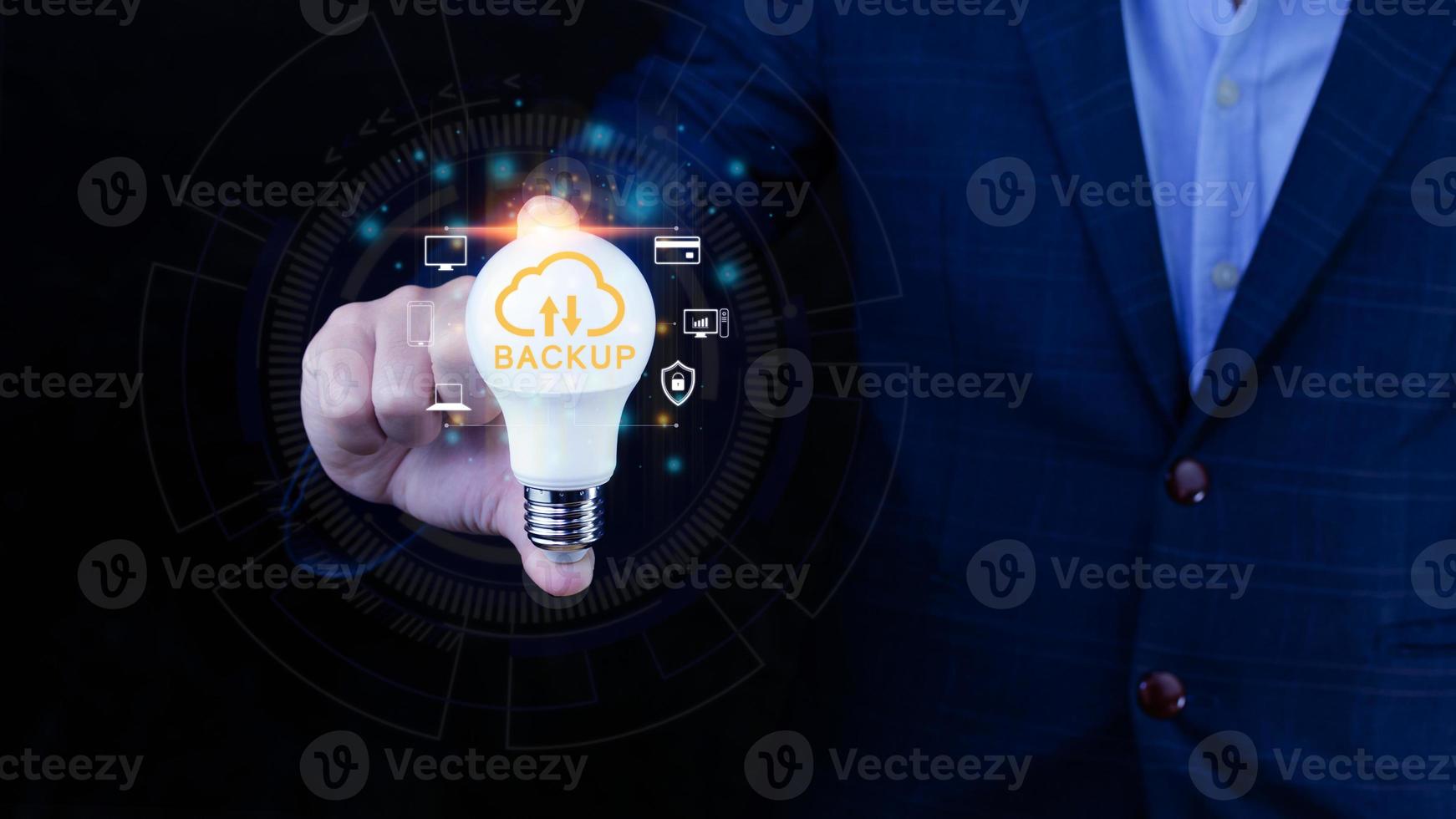 Internet data storage backup, Hands holding light bulb for concept new idea technology business concept, Cloud technology, Data storage, Networking and internet service concept. photo